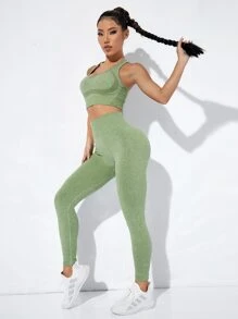 Yoga Basic Solid Wideband Waist Sports Set - Lime Green - View 2