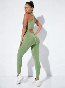 Yoga Basic Solid Wideband Waist Sports Set - Lime Green - View 3