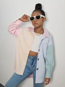 SHEIN Girls Colourblock Drop Shoulder Corduroy Coat - Multicolor - View 1