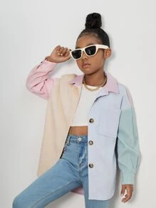 SHEIN Girls Colourblock Drop Shoulder Corduroy Coat - Multicolor - View 3