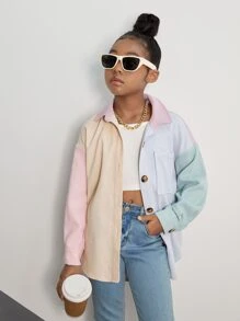 SHEIN Girls Colourblock Drop Shoulder Corduroy Coat - Multicolor - View 4