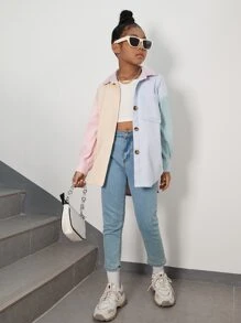 SHEIN Girls Colourblock Drop Shoulder Corduroy Coat - Multicolor - View 5