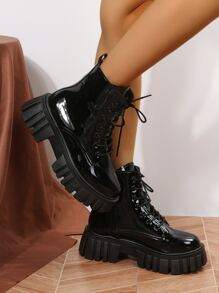Fall/Winter Lace-Up Front Combat Boots, Black Solid Lace-Up Fashionable Women's Boots Valentines - Black - View 4