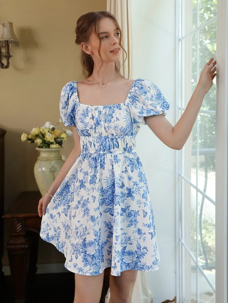 SHEIN MOD 印花方領A字洋裝 - 藍白色 - 查看 1