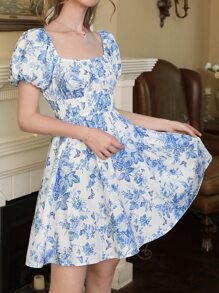 SHEIN MOD 印花方領A字洋裝 - 藍白色 - 查看 7
