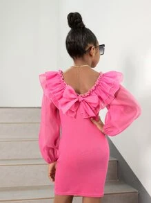 SHEIN Leap Crew Tween Girl Lantern Sleeve Ruffle Trim Bow Back Dress - Hot Pink - View 1