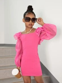 SHEIN Leap Crew Tween Girl Lantern Sleeve Ruffle Trim Bow Back Dress - Hot Pink - View 2