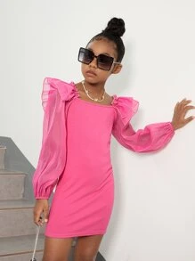 SHEIN Leap Crew Tween Girl Lantern Sleeve Ruffle Trim Bow Back Dress - Hot Pink - View 6