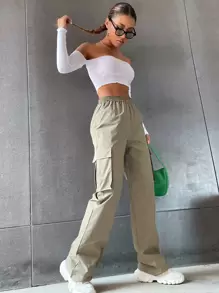 SHEIN MOOSTA 素色高腰翻蓋口袋工裝褲 - 卡其色 - 查看 5