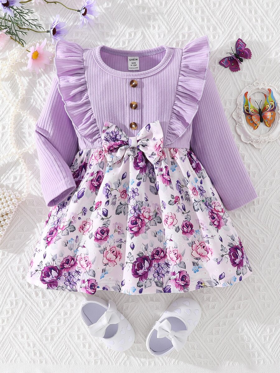 Vestido De Niña Con Estampado Floral, Borde De Volantes Y Lazo En La Parte Delantera - Multicolor - Ver 1