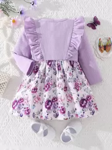 Vestido De Niña Con Estampado Floral, Borde De Volantes Y Lazo En La Parte Delantera - Multicolor - Ver 2