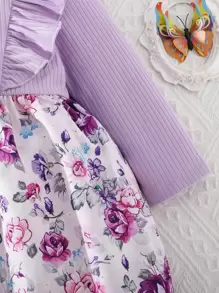 Vestido De Niña Con Estampado Floral, Borde De Volantes Y Lazo En La Parte Delantera - Multicolor - Ver 4