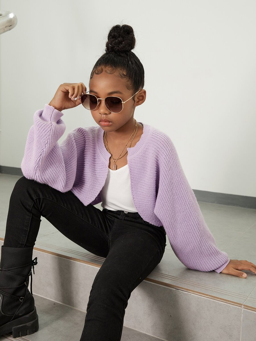 SHEIN Girls Batwing Sleeve Duster Cardigan - Lilac Purple - View 1