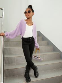 SHEIN Girls Batwing Sleeve Duster Cardigan - Lilac Purple - View 4