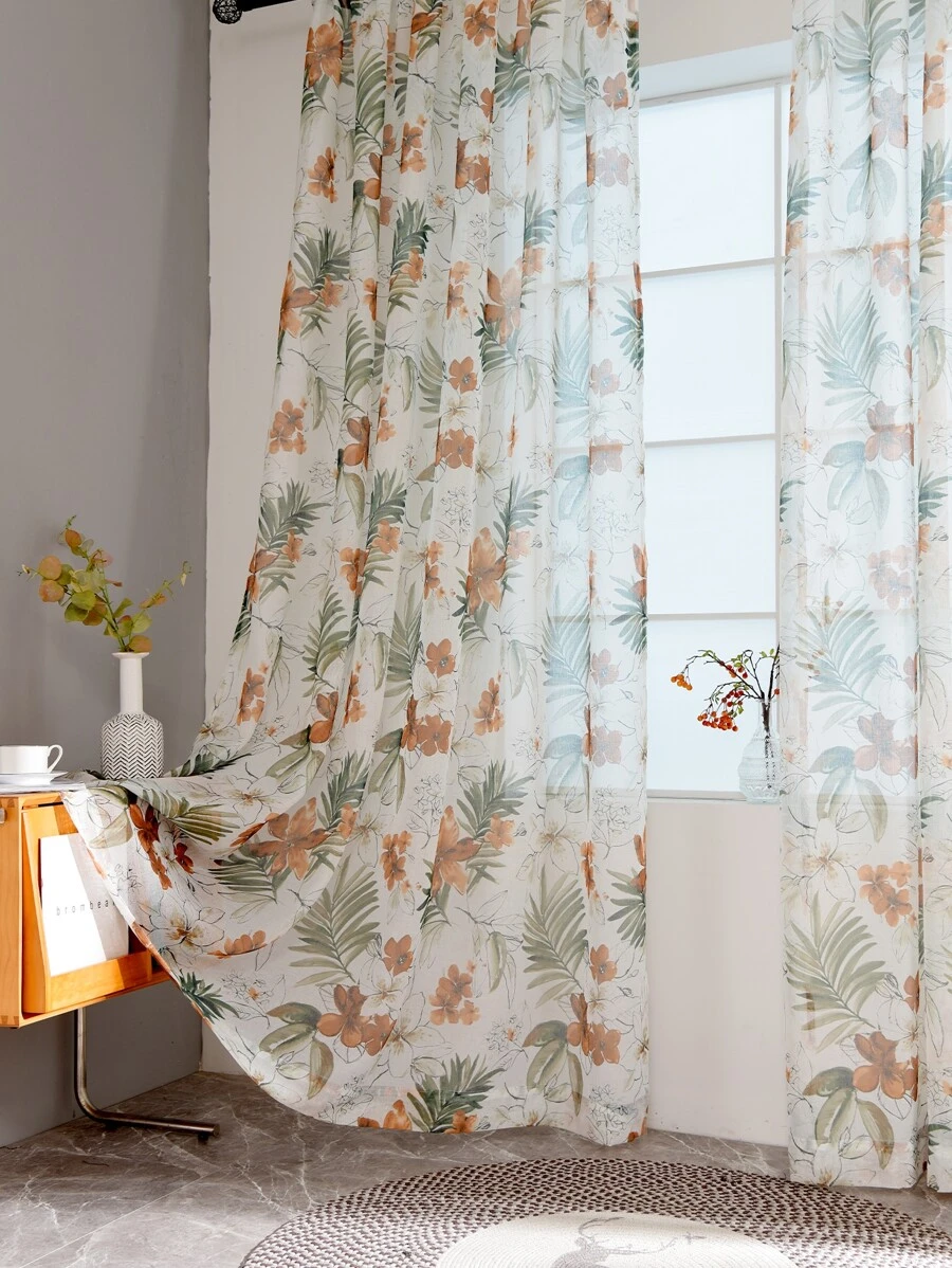 Cortina transparente panel única con patrón de flor - Multicolor - Ver 1