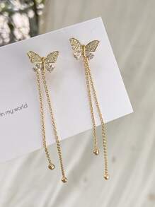 Pendientes chaqueta con diamante de imitación & con diseño de mariposa - Amarillo Oro - Ver 3