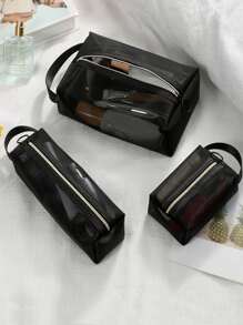 3入組網紗方形化妝包套裝 - 黑色 - 查看 1