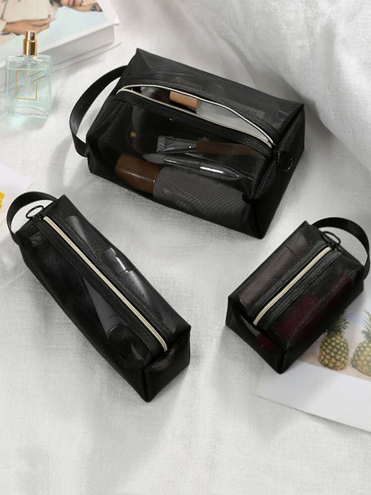 3入組網紗方形化妝包套裝 - 黑色 - 查看 1