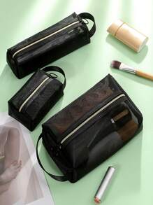 3入組網紗方形化妝包套裝 - 黑色 - 查看 2