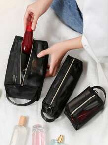 3入組網紗方形化妝包套裝 - 黑色 - 查看 4