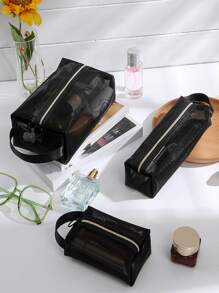 3入組網紗方形化妝包套裝 - 黑色 - 查看 5