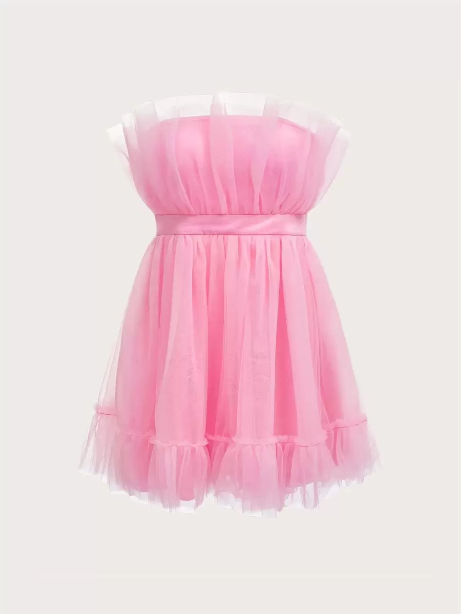 SHEIN MOD Ruffle Hem Mesh Tube Dress - Pink - View 1