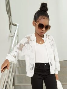 SHEIN Girls Floral Lace Bomber Jacket - White - View 2