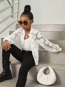 SHEIN Girls Floral Lace Bomber Jacket - White - View 1