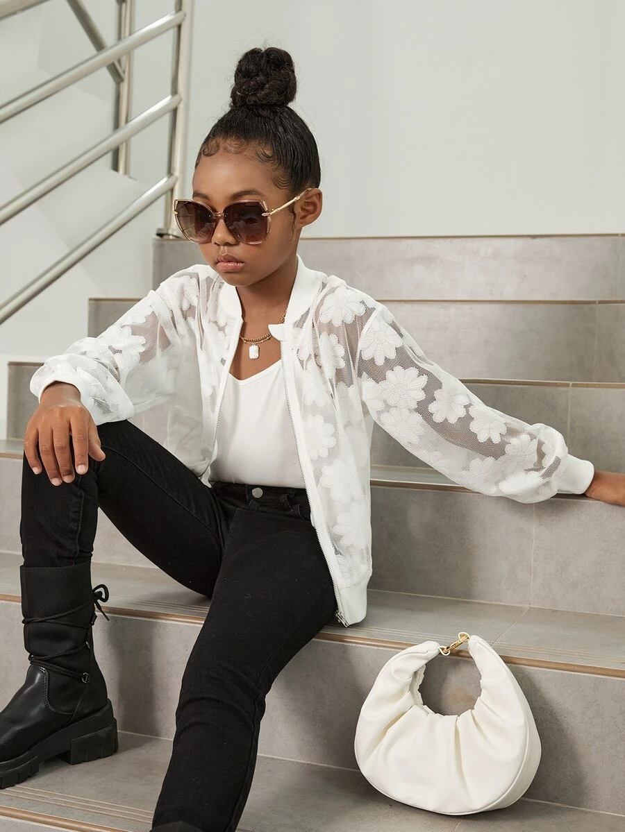SHEIN Girls Floral Lace Bomber Jacket - White - View 1