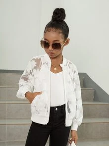 SHEIN Girls Floral Lace Bomber Jacket - White - View 4