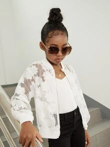 SHEIN Girls Floral Lace Bomber Jacket - White - View 5