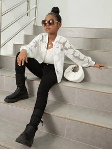 SHEIN Girls Floral Lace Bomber Jacket - White - View 6