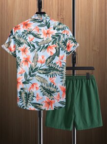 Manfinity RSRT Men Tropical Print Shirt & Drawstring Waist Shorts, Beach Vacation Clolorful Set - Multicolor - View 2