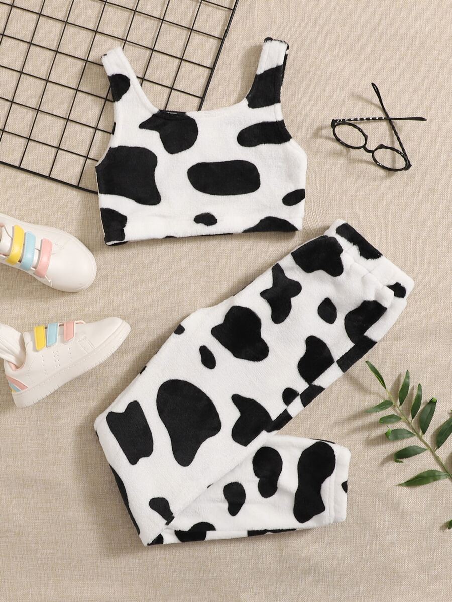 SHEIN Girls Cow Print Crop Cami Top & Trousers - Black and White - View 1