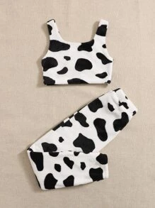 SHEIN Girls Cow Print Crop Cami Top & Trousers - Black and White - View 2