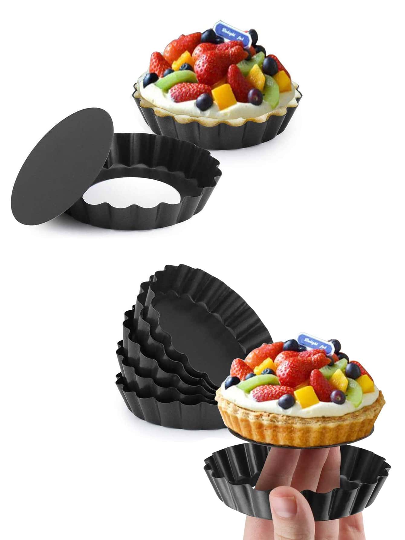 1pc Mini Tart Pan With Removable Bottom Round Nonstick Quiche Pan, Heavy Duty Fluted Side For Pie,Mousse Cake, Dessert Baking - Black - View 1