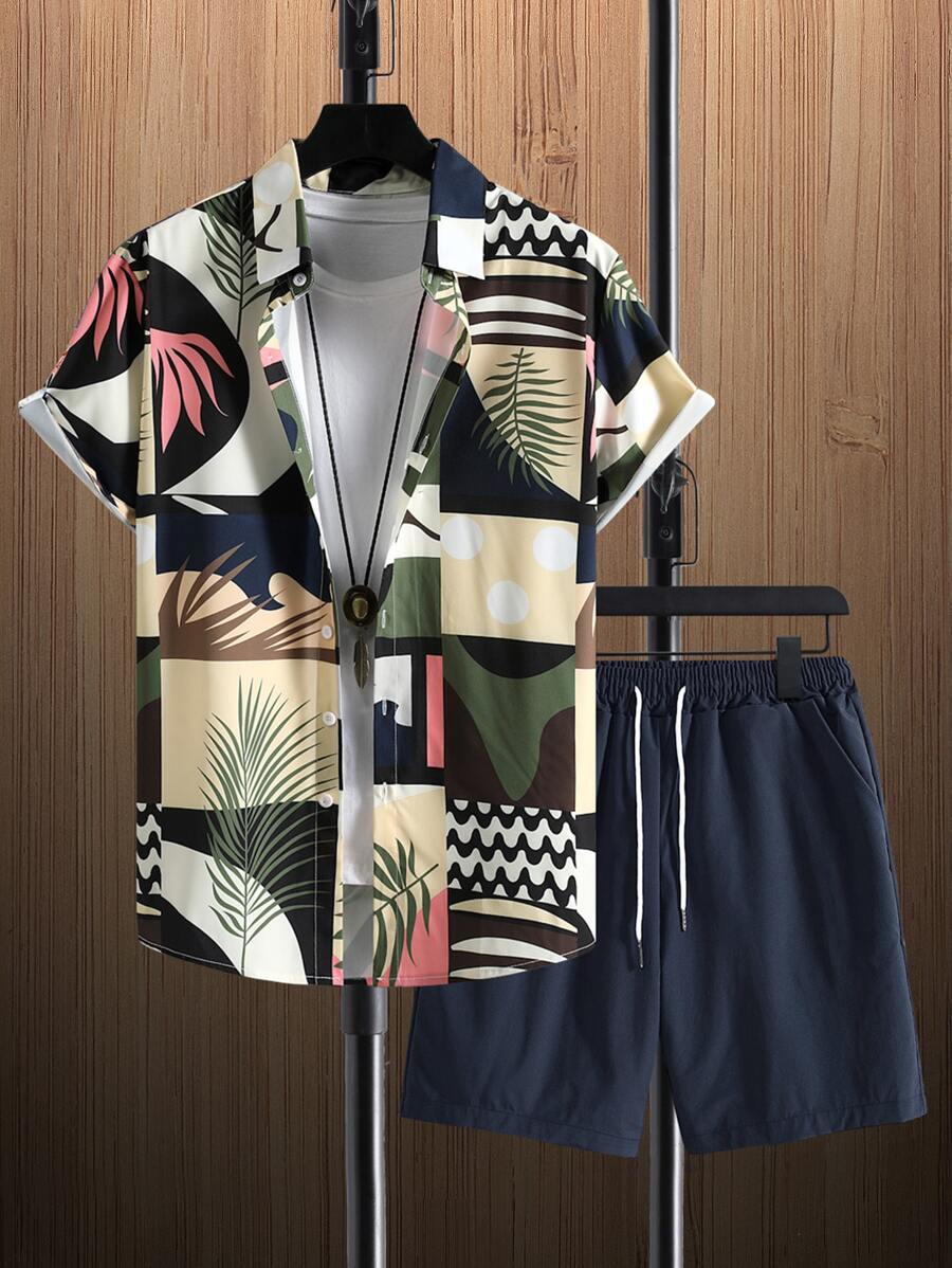 Manfinity Men Plants Print Shirt & Drawstring Waist Shorts Without Tee - Multicolor - View 1