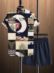 Manfinity Men Plants Print Shirt & Drawstring Waist Shorts Without Tee - Multicolor - View 2