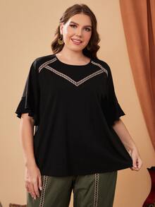 SHEIN Unity 大碼幾何織帶荷葉袖T恤 - 黑色 - 查看 5