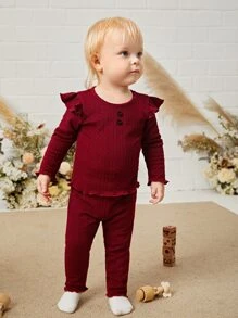 Baby Ruffle Trim Tee & Lettuce Trim Trousers - Burgundy - View 6