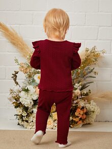 Baby Ruffle Trim Tee & Lettuce Trim Trousers - Burgundy - View 2