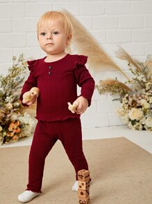 Baby Ruffle Trim Tee & Lettuce Trim Trousers - Burgundy - View 3