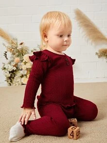 Baby Ruffle Trim Tee & Lettuce Trim Trousers - Burgundy - View 4