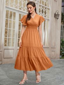 Mulvari Butterfly Sleeve Shirred Ruffle Hem Dress - Coral Orange - View 1