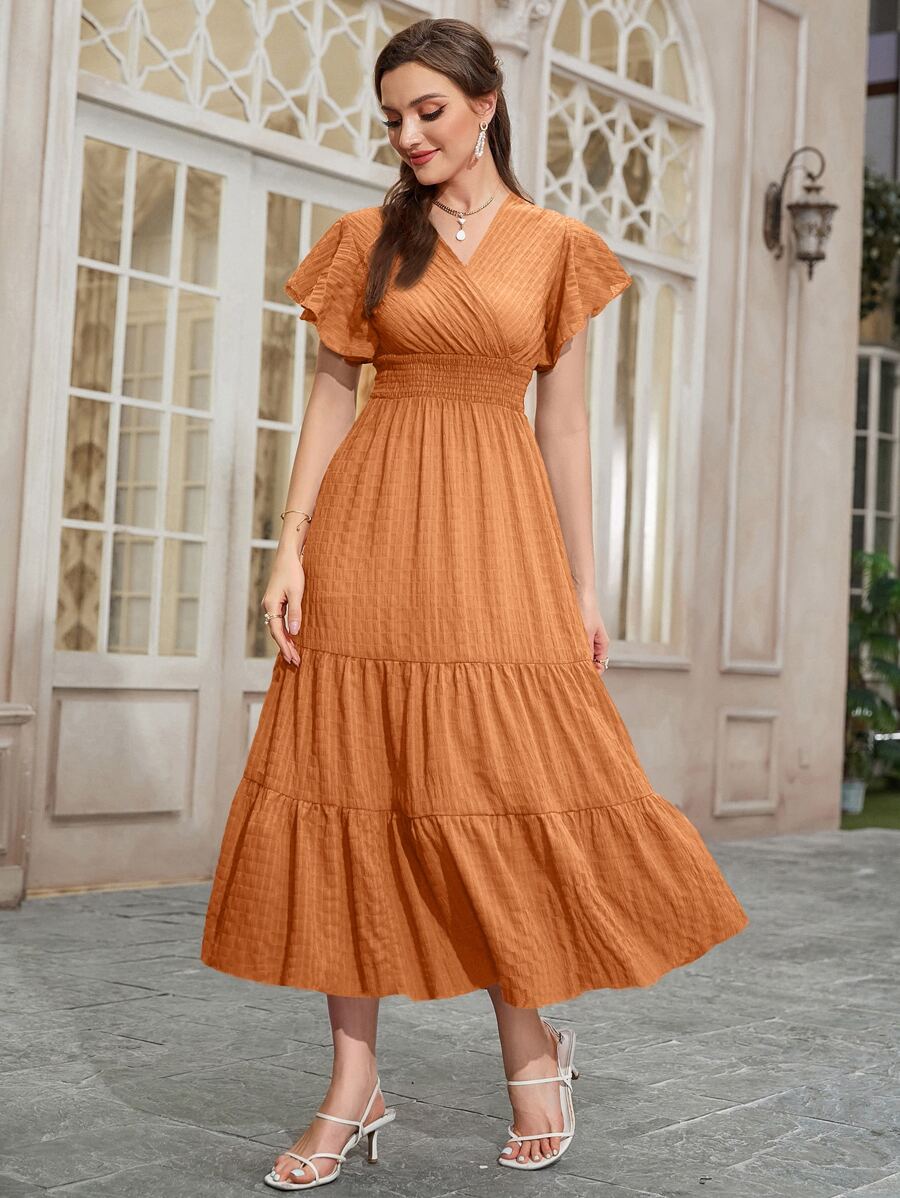 Mulvari Butterfly Sleeve Shirred Ruffle Hem Dress - Coral Orange - View 1