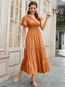 Mulvari Butterfly Sleeve Shirred Ruffle Hem Dress - Coral Orange - View 4