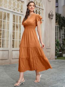 Mulvari Butterfly Sleeve Shirred Ruffle Hem Dress - Coral Orange - View 5