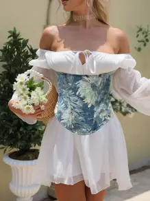 Áo lót Corset Retro In hoa Ren lên trở lại Gỡ xương - Màu xanh lam - Xem 3