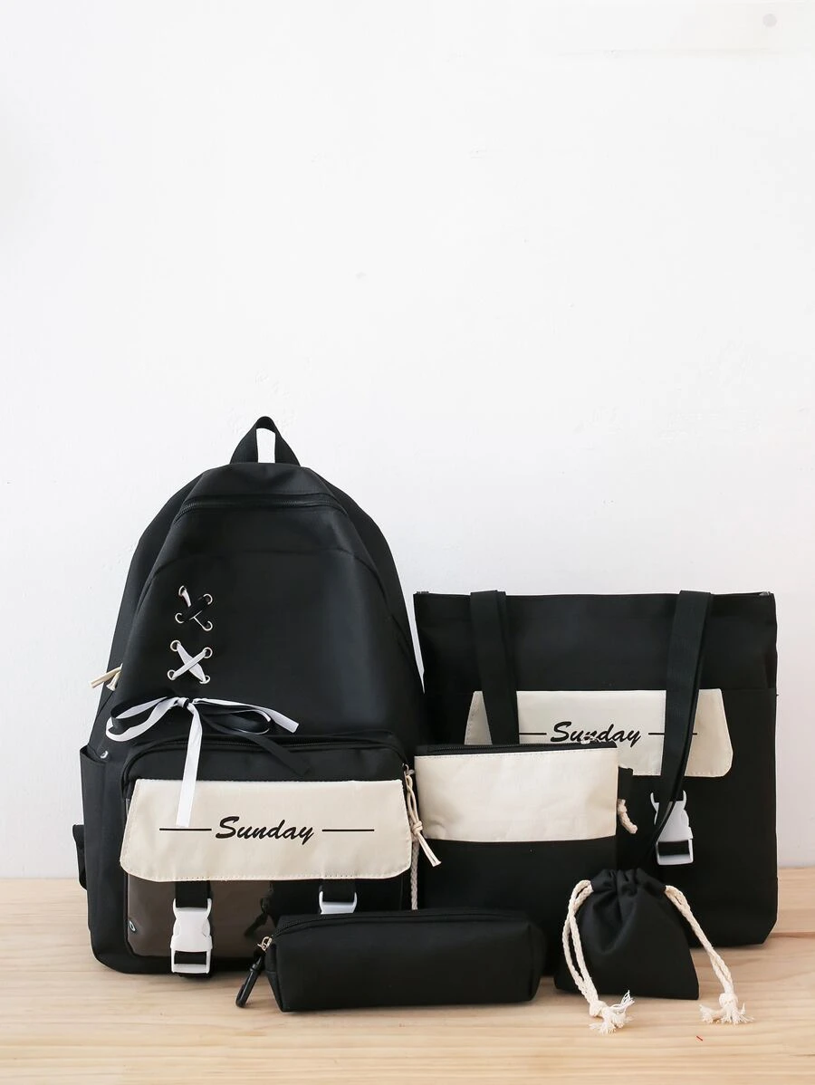 Bộ túi trẻ em Khối Màu Lá thư Có thể điều chỉnh được Đôi tay cầm - màu đen - Xem 1