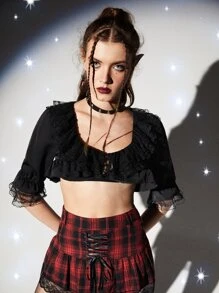 ROMWE Contrast Lace Crop Top - Black - View 1